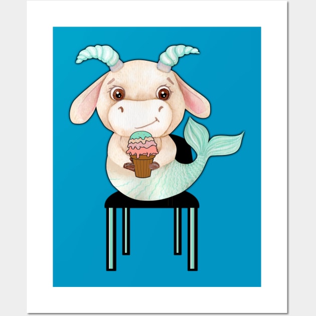 Kawaii Capricorn sitting on a chair and eating ice cream. Cute Capricorn gift idea Wall Art by alcoshirts